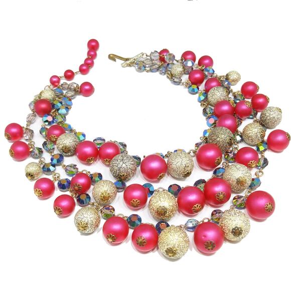 Vintage AB Crystals Red & Gold Beaded Necklace, Three Strands, 1960s - Picture 4 of 10